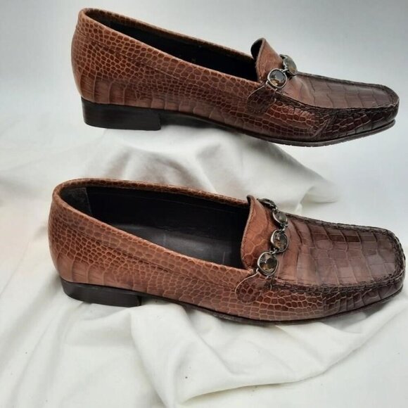 Stuart Weitzman Brown Italian leather Croc Embossed Gem Embellished loafers sz 7 - Picture 3 of 4